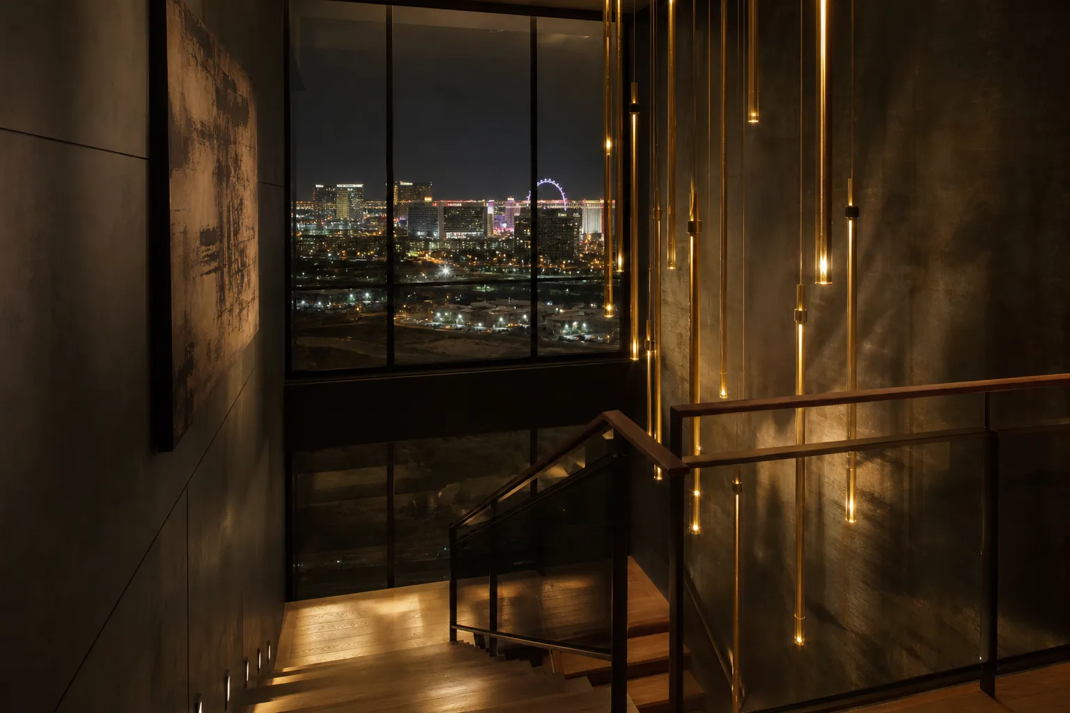 Escalera tenuemente iluminada dentro de un alquiler a corto plazo de Las Vegas de noche con vista al horizonte del Strip, que ilustra un caso de responsabilidad de locales por lesiones en Airbnb en Las Vegas