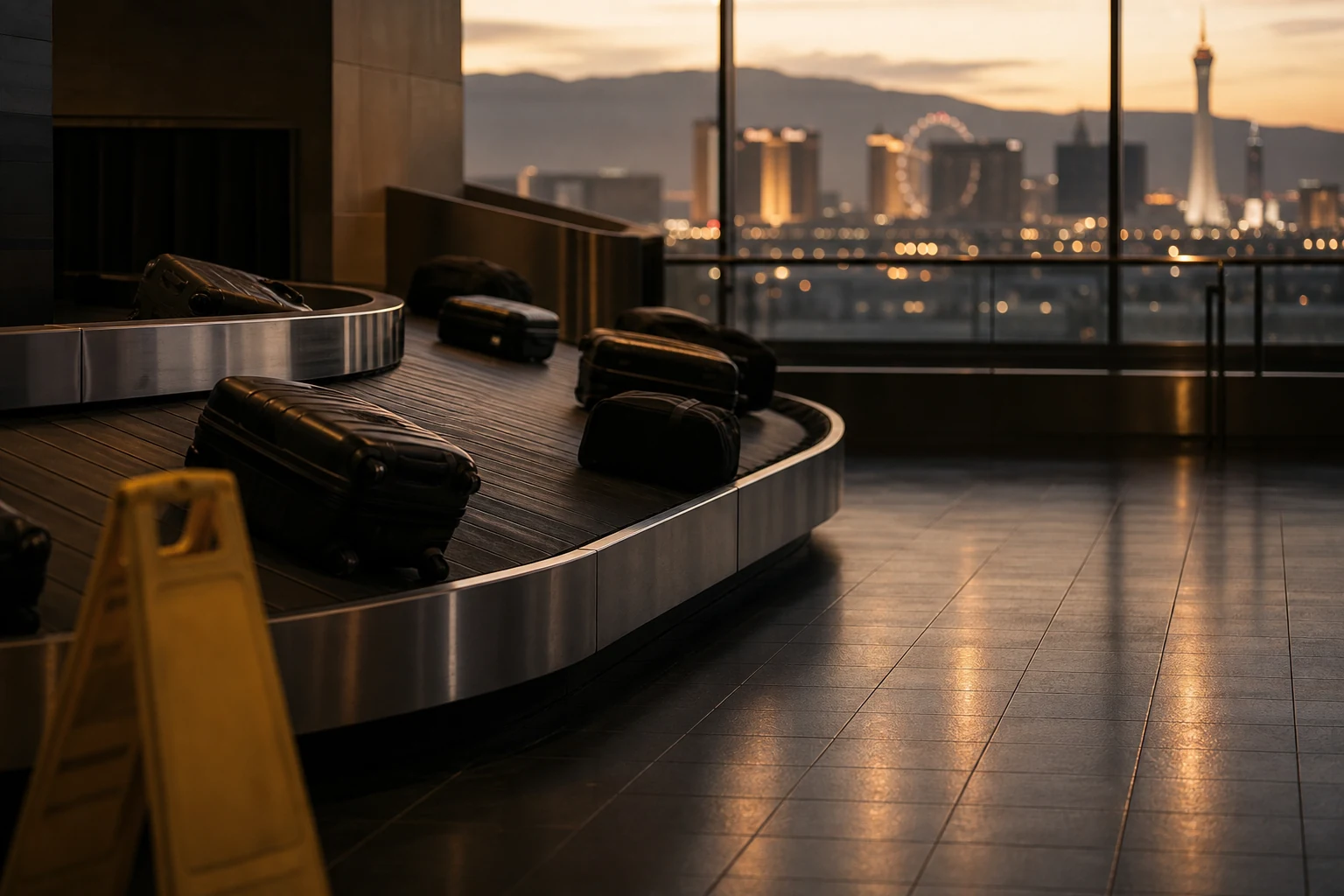 Baggage claim carousel with unclaimed luggage and a wet-floor caution sign at a Las Vegas airport terminal at dusk with the Strip skyline visible through the window, illustrating a hazard behind airport accident claims in Las Vegas