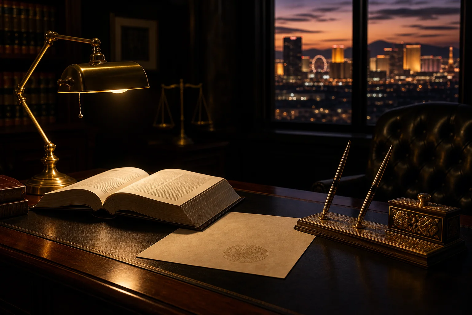 Abogado de lesiones por amputación Las Vegas oficina con documentos legales y horizonte de Las Vegas