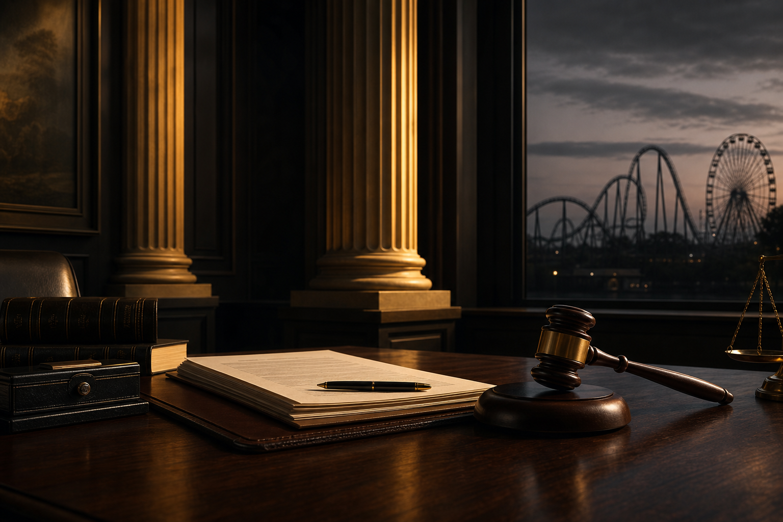 Legal documents and gavel representing amusement park injury liability claims in Las Vegas Nevada