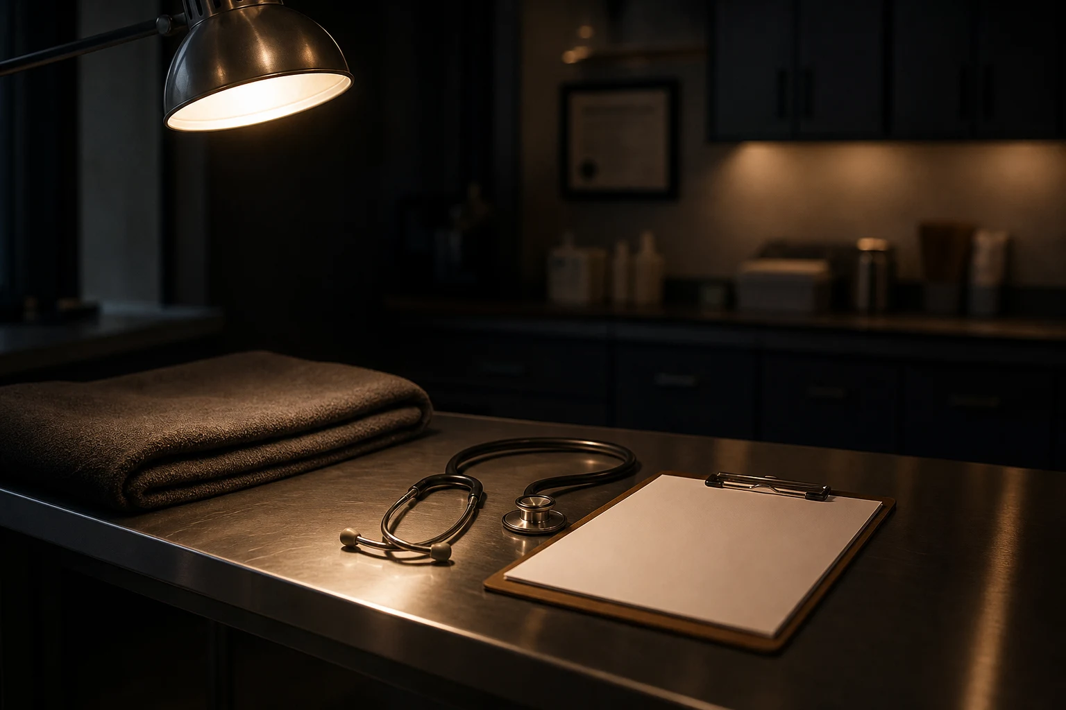 Veterinary exam room table with a stethoscope and blank intake clipboard under warm lamp light, illustrating evidence documentation in an animal cruelty charges Las Vegas case