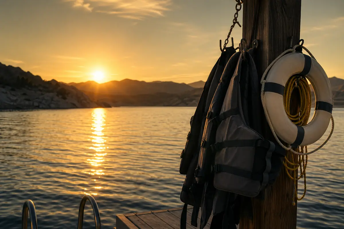 Boat dock on Lake Mead Nevada with safety equipment and life jackets at golden sunset with desert mountains in background