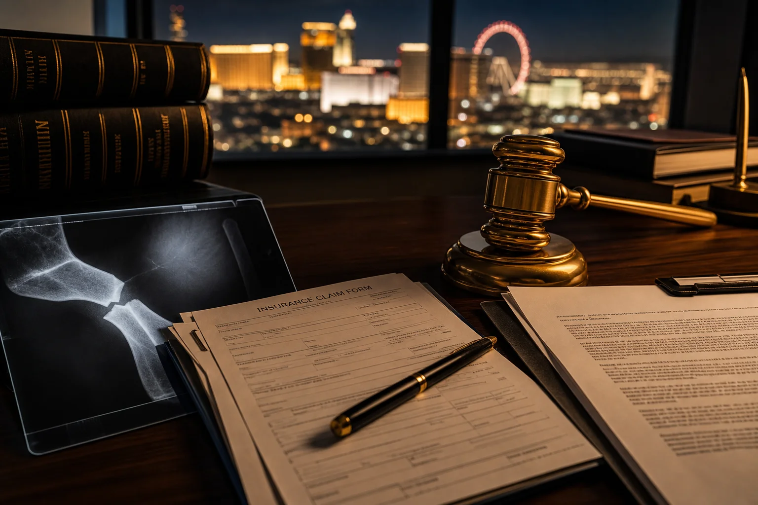Broken bone injury claims legal documents and X-ray on Las Vegas attorney desk