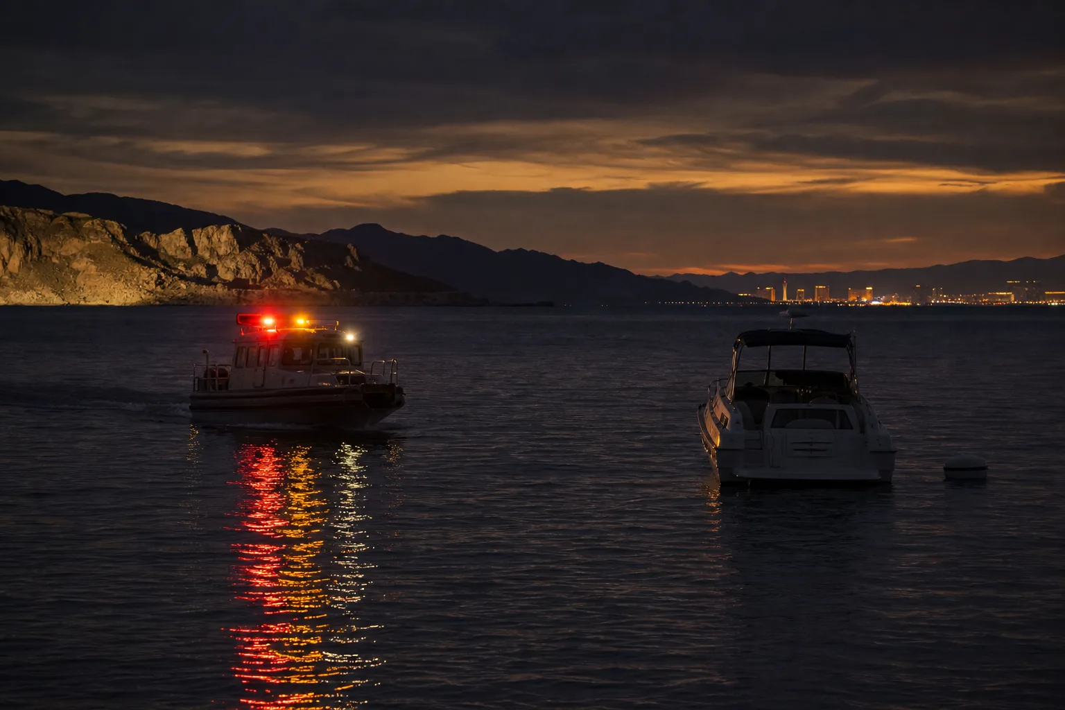 Luces rojas y ámbar de un bote de patrulla marina reflejándose en el agua oscura mientras se acerca a una embarcación anclada en el Lago Mead al atardecer cerca de Las Vegas, ilustrando los cargos de BUI en el Lago Mead