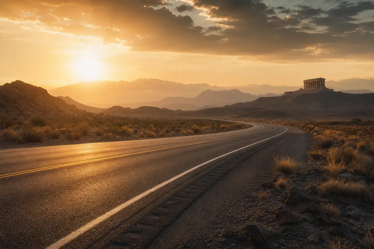 Nevada desert highway with warm golden light illustrating bus accident liability concepts in Las Vegas