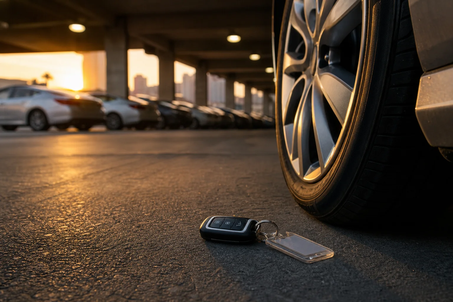 Dropped car key and fob on the pavement beside a parked sedan's wheel in a Las Vegas rental car center at dusk, illustrating how carjacking charges in Las Vegas can start with a vehicle taken from a rental fleet