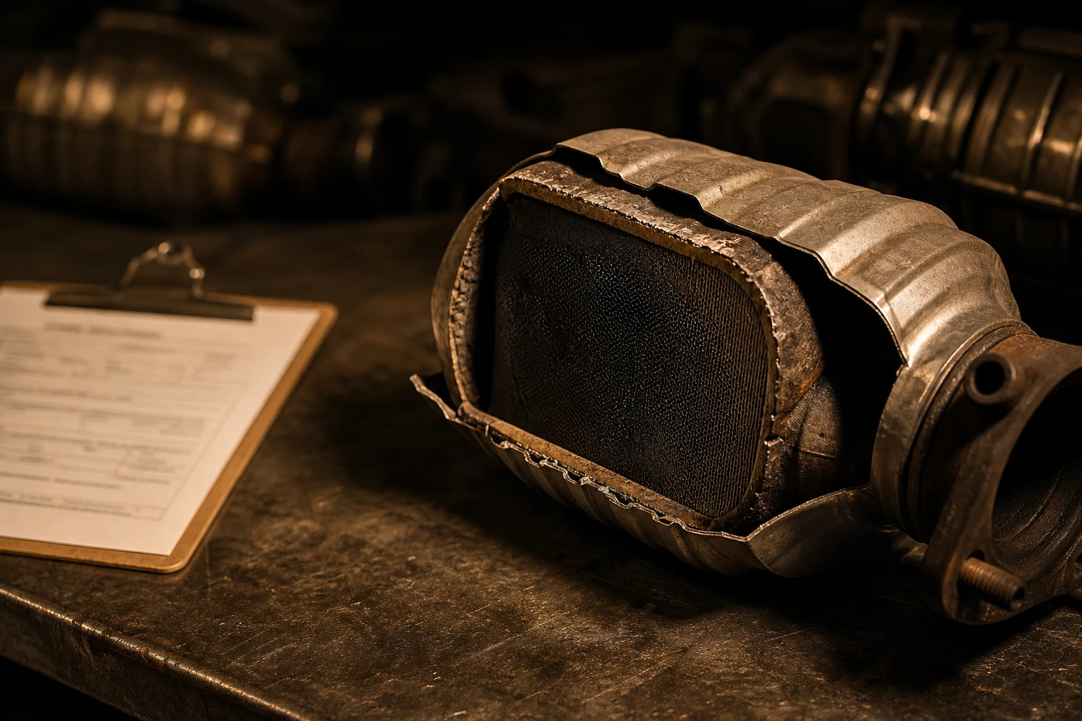 Used catalytic converter resting on a workbench beside a clipboard of ownership paperwork in a dim Las Vegas scrap yard, illustrating the documentation Nevada law requires before a catalytic converter theft in Las Vegas can be lawfully sold