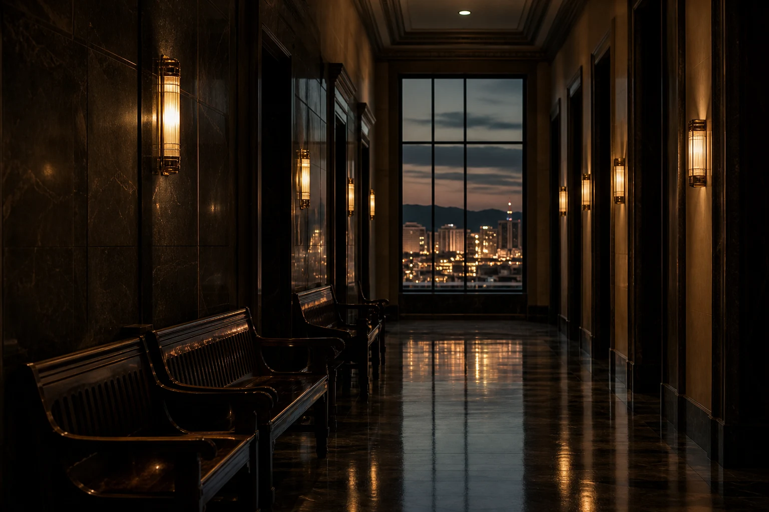 Empty family courthouse hallway in Las Vegas with warm lighting and skyline view, illustrating a child abuse charges Las Vegas case moving through Clark County family and criminal court
