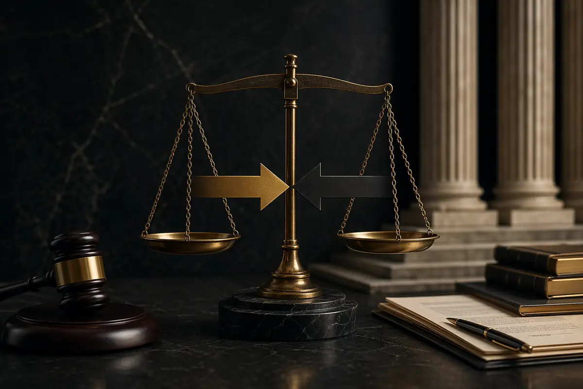 Scales of justice with opposing arrows representing shared fault in Nevada comparative negligence personal injury claim — Boley Law Firm