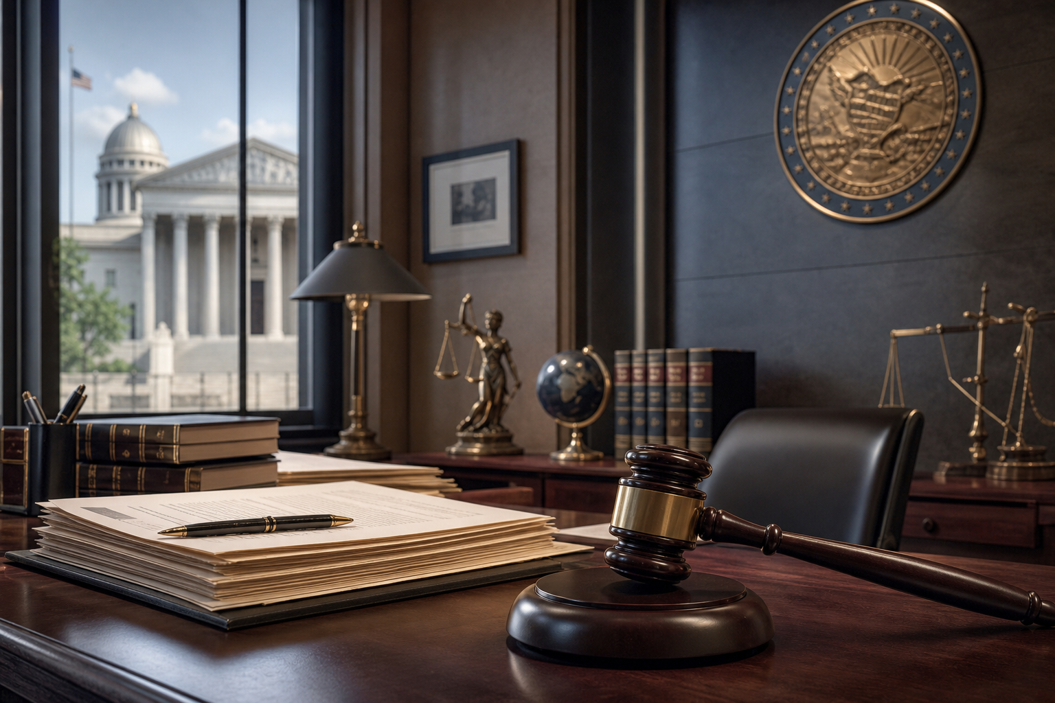 Criminal defense attorney desk with legal case files and gavel in Las Vegas law office