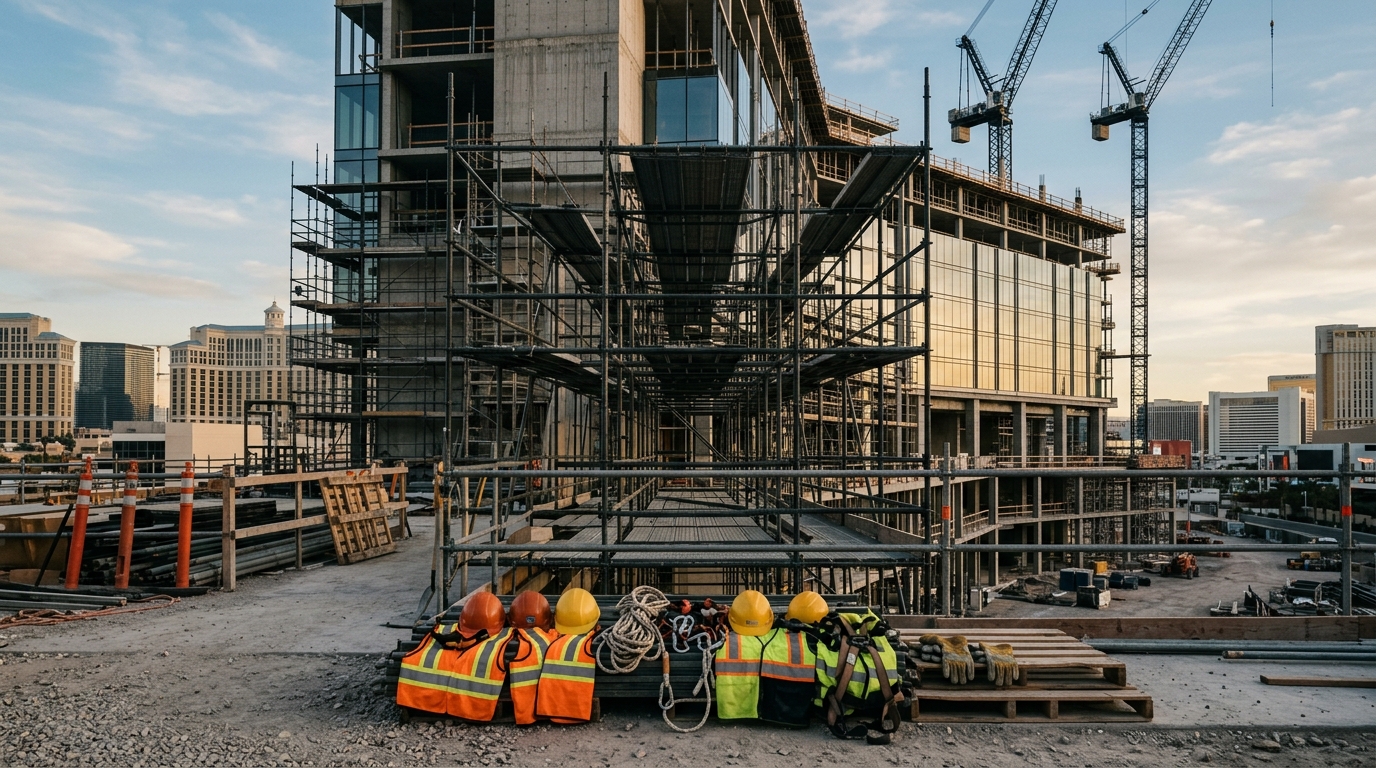 Construction scaffolding on a Las Vegas building at dusk, gold and charcoal tones
