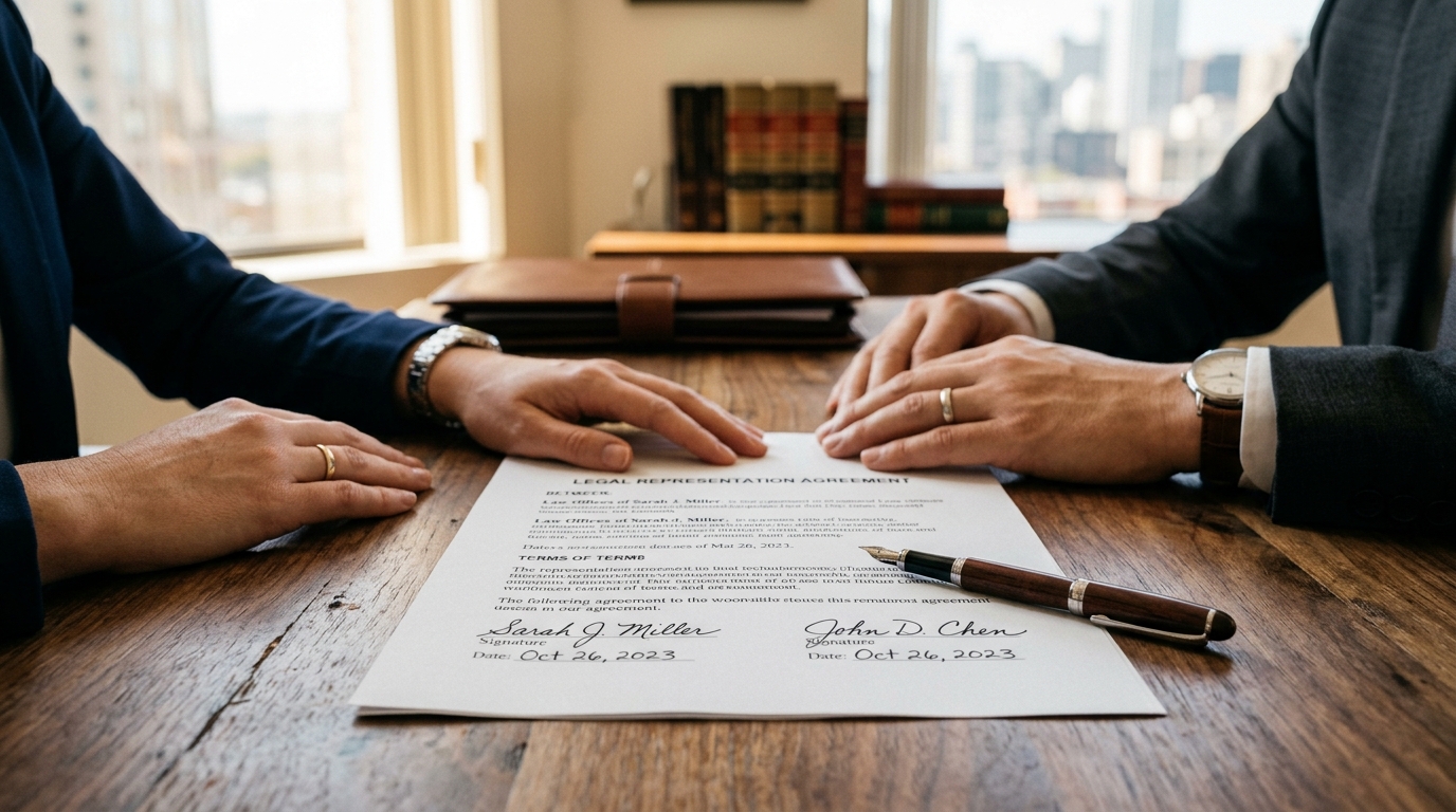 Contingency fee agreement document on a Las Vegas attorney's desk with pen and glowing cyan accents