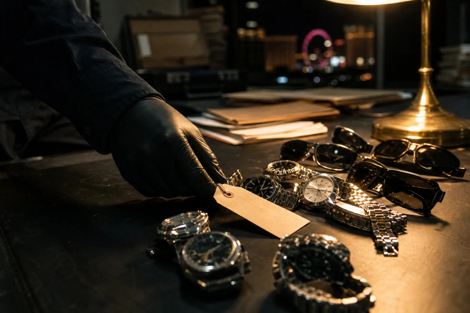 Detective tagging seized counterfeit watches and sunglasses as evidence on a table in Las Vegas, illustrating counterfeit goods charges in Las Vegas
