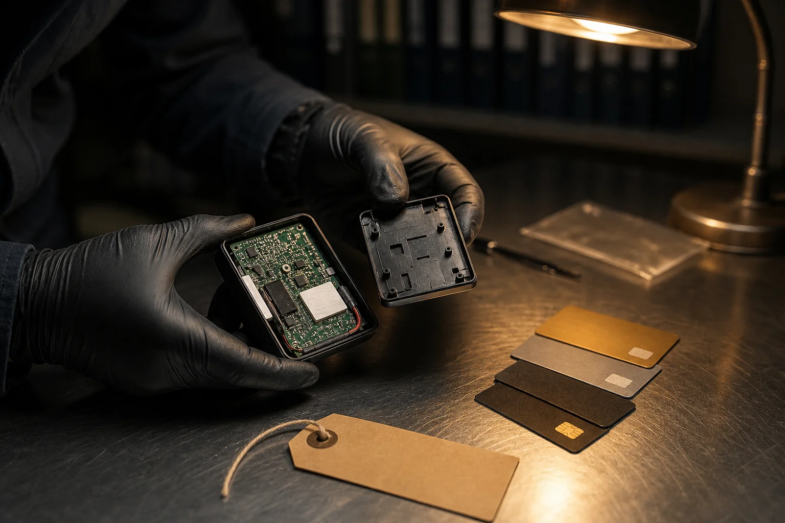 Gloved investigator examining a disassembled card skimming device and cards as evidence in a credit card fraud charges Las Vegas case