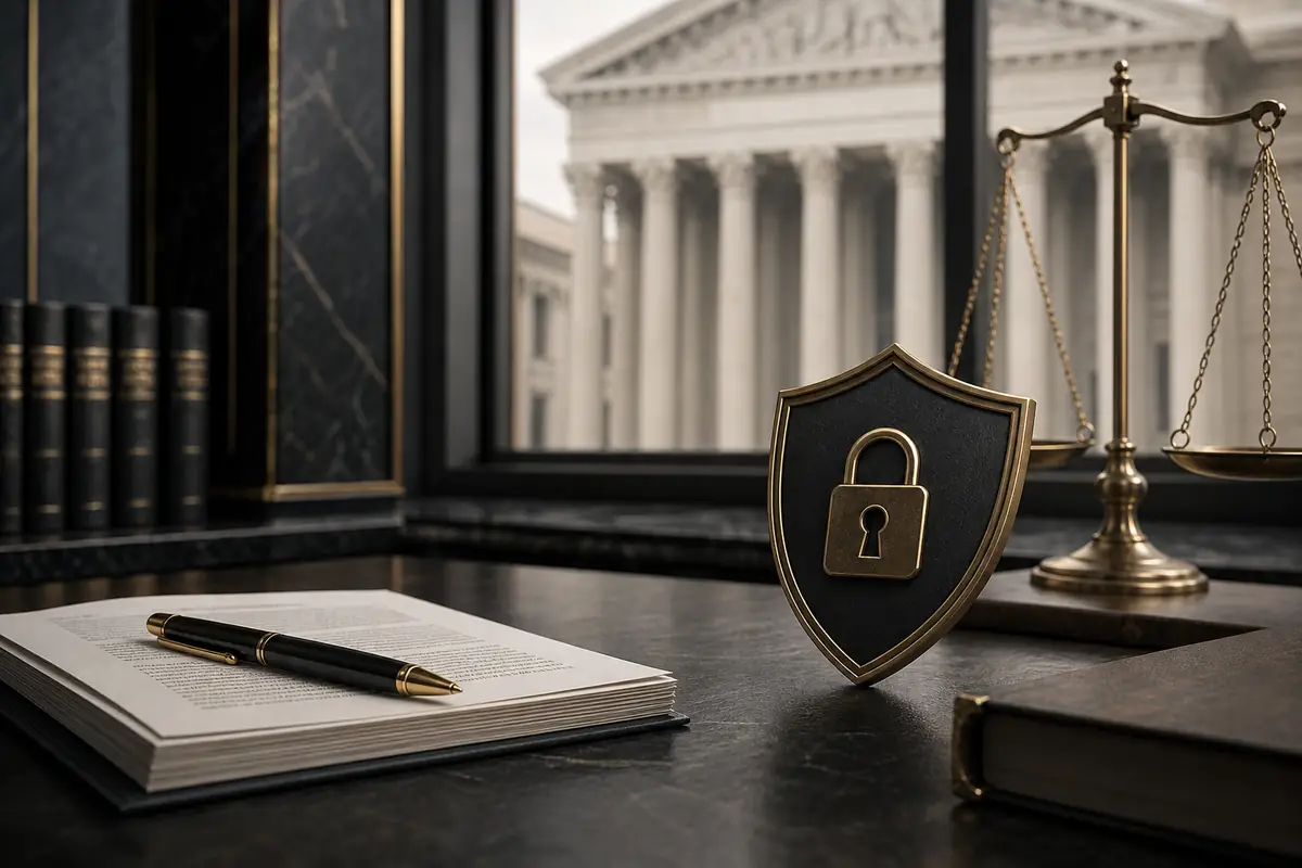 Legal defense concept for cybercrime charges with scales of justice and courthouse elements