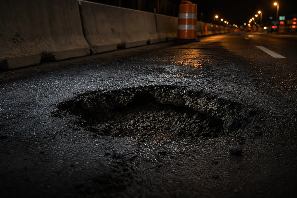 Condiciones peligrosas de carretera con baches y peligros de zonas de construcción en Las Vegas