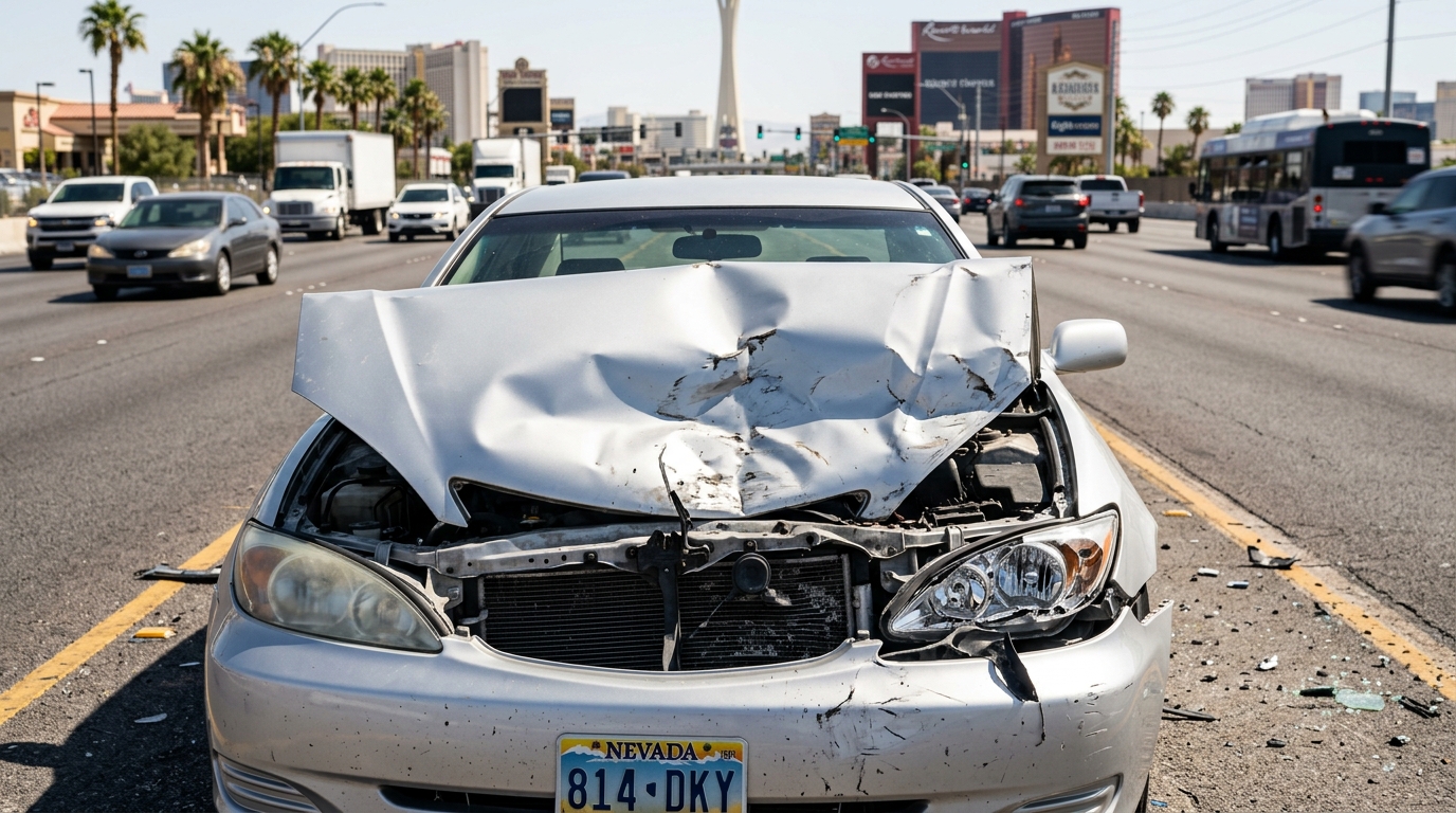 Car accident damage from distracted driving on a Las Vegas road