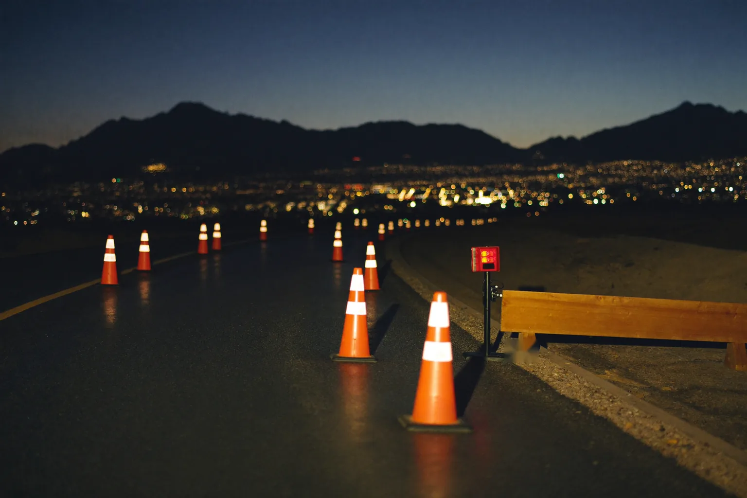 DUI checkpoints in Las Vegas: a roadside traffic stop setup at dusk with cones and a red light