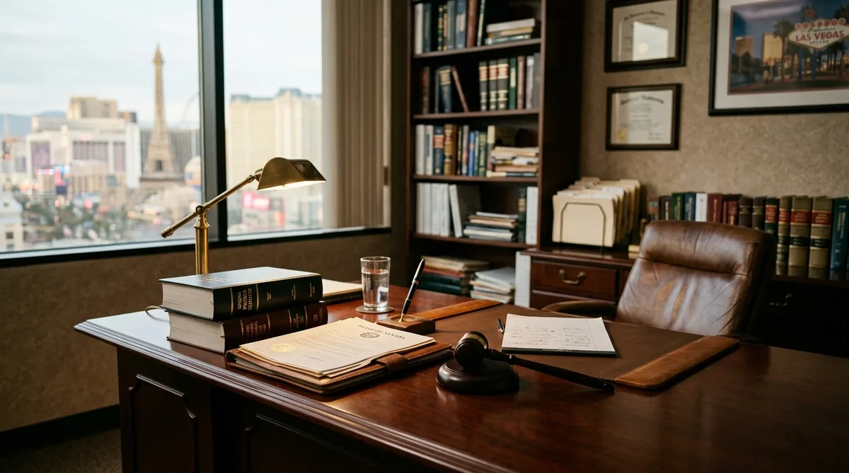 Defense attorney office in Las Vegas with legal books and Nevada law documents