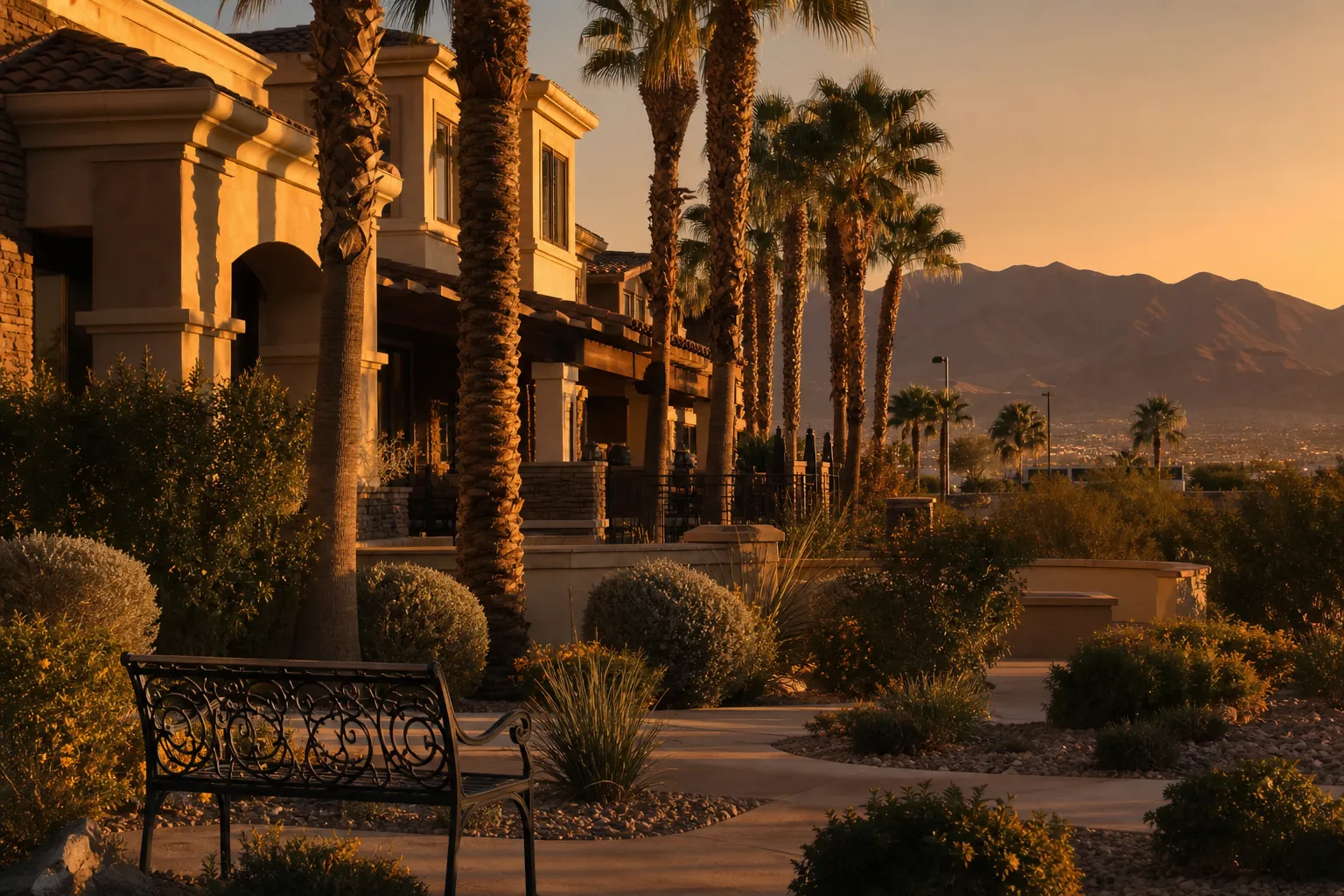 Warm-lit senior living community exterior in Henderson, Nevada representing elder abuse charges in Las Vegas involving caregivers and care facilities