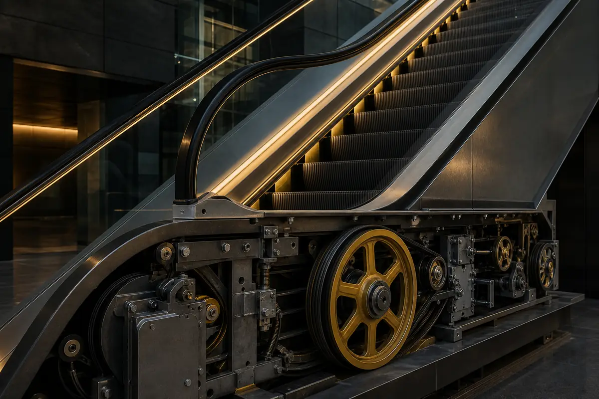 Close-up of escalator mechanism representing premises liability for escalator accident injuries in Las Vegas