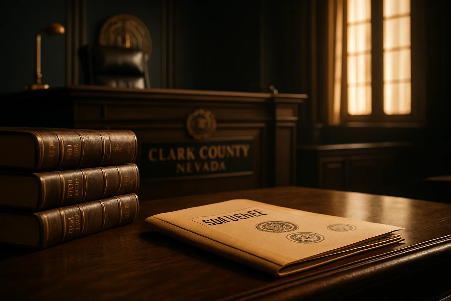 Embezzlement charges Las Vegas courtroom with legal documents and evidence files
