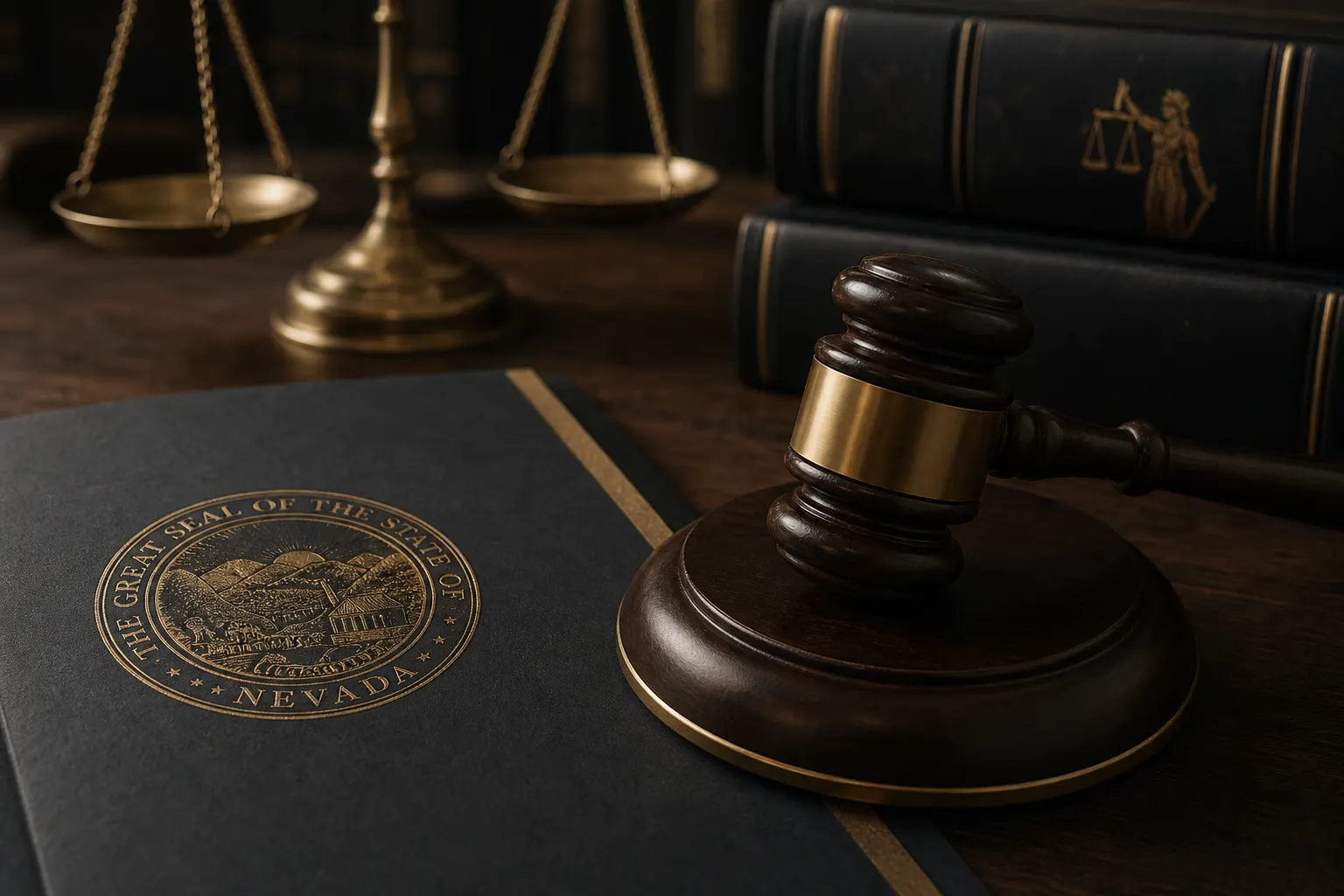 Concepto de defensa legal criminal con mazo y libros de derecho para cargos de evadir a la policía en Las Vegas