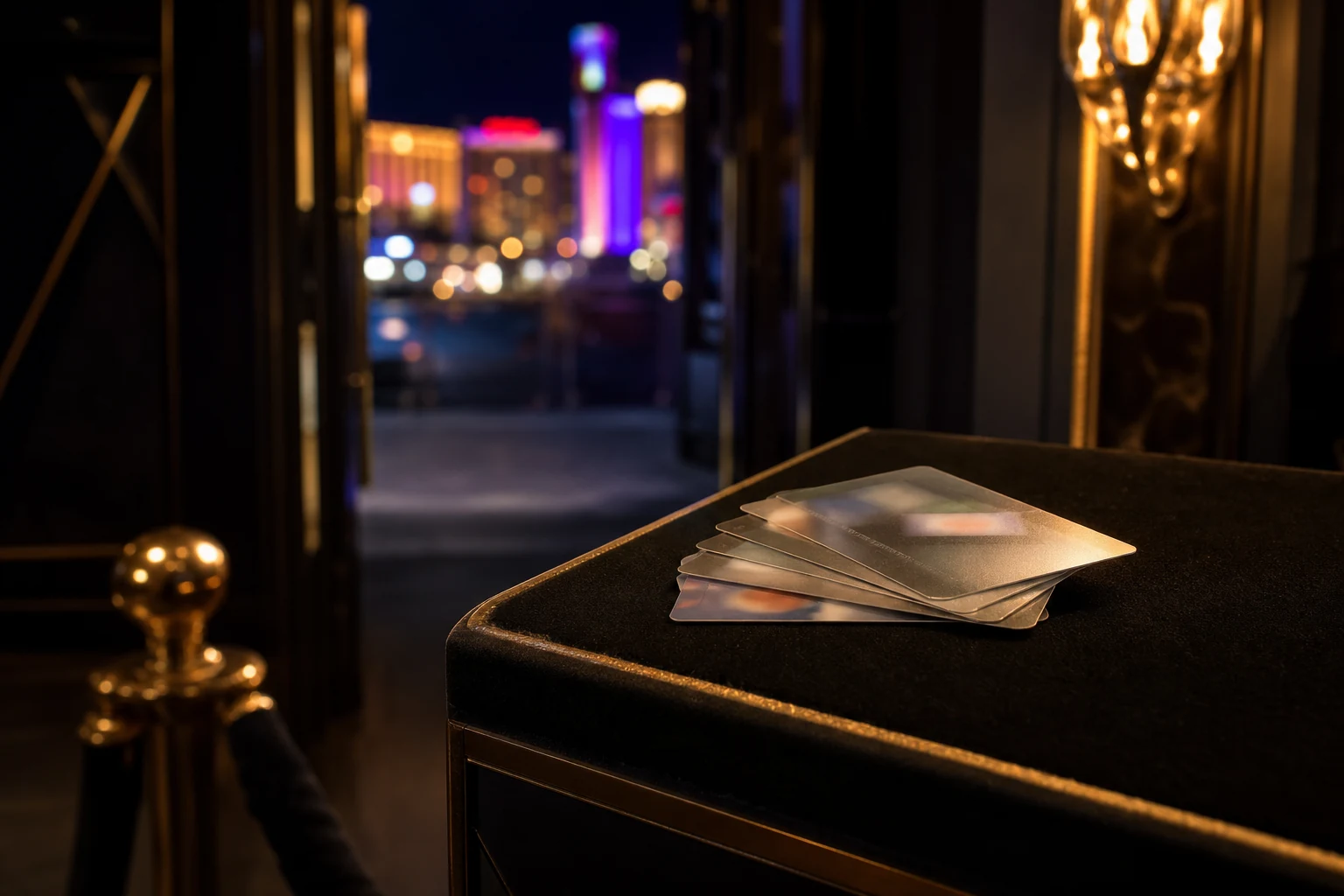 Fanned stack of confiscated fake ID cards on a velvet host-stand podium at a Las Vegas nightclub entrance with Strip neon glowing through the doorway, illustrating the evidence behind fake ID charges in Las Vegas