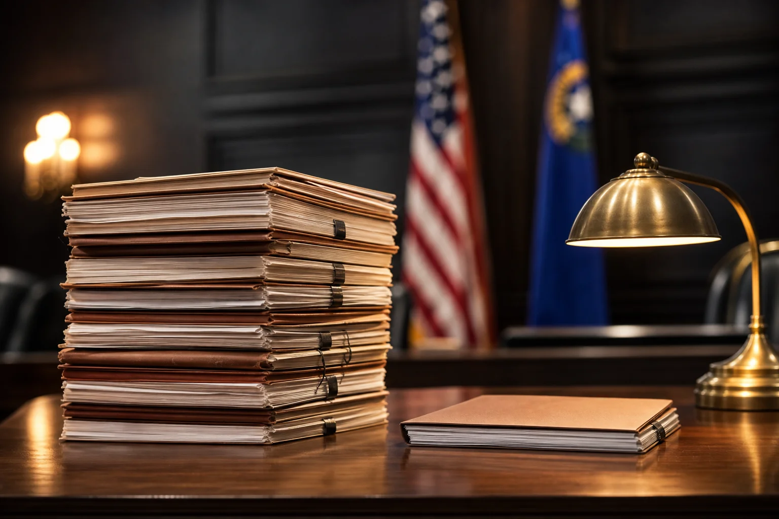 Pila de expedientes judiciales que representa el tiempo adicional de prisión por mejora por pandilla en Las Vegas