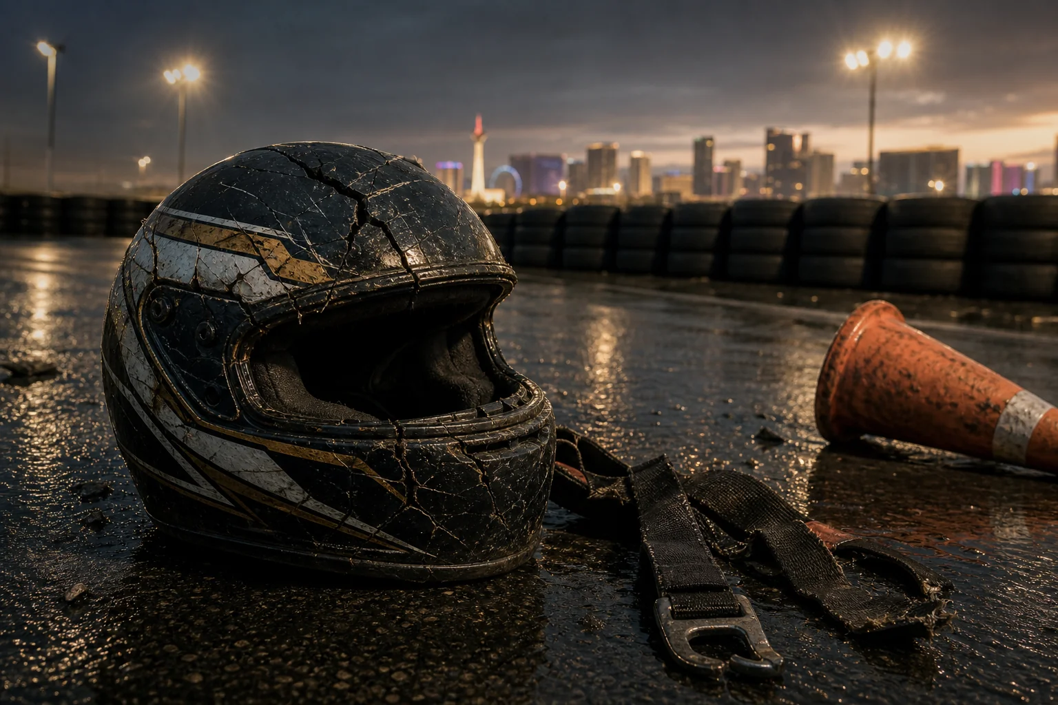 Casco de carreras agrietado y arnés de seguridad roto en una pista de karts de Las Vegas, evidencia fotografiada después de un accidente de karts