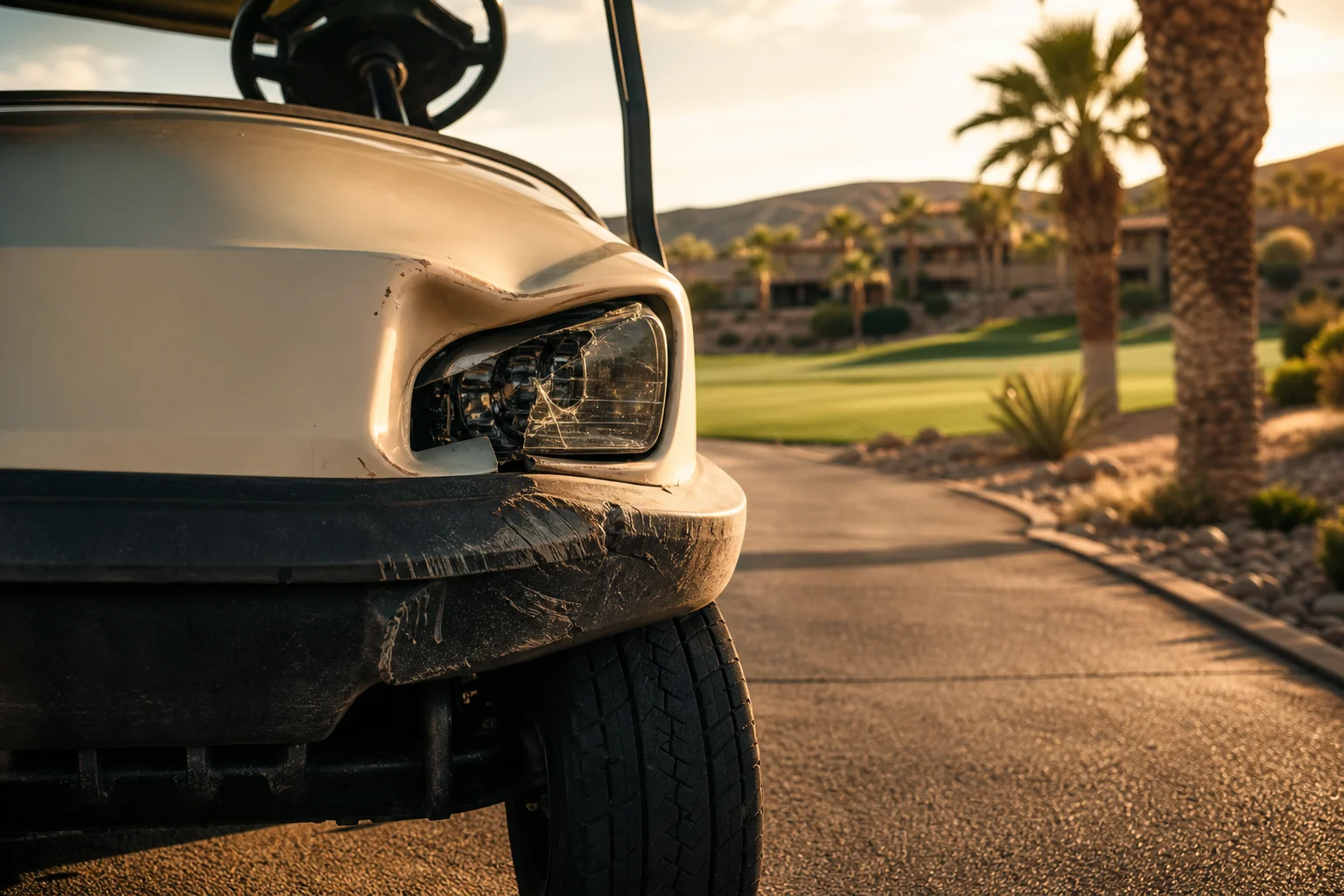 Parachoques delantero y faro dañados de un carrito de golf en un camino para carritos en una comunidad de golf en Henderson, que representa un accidente de carrito de golf en Las Vegas y el Condado Clark