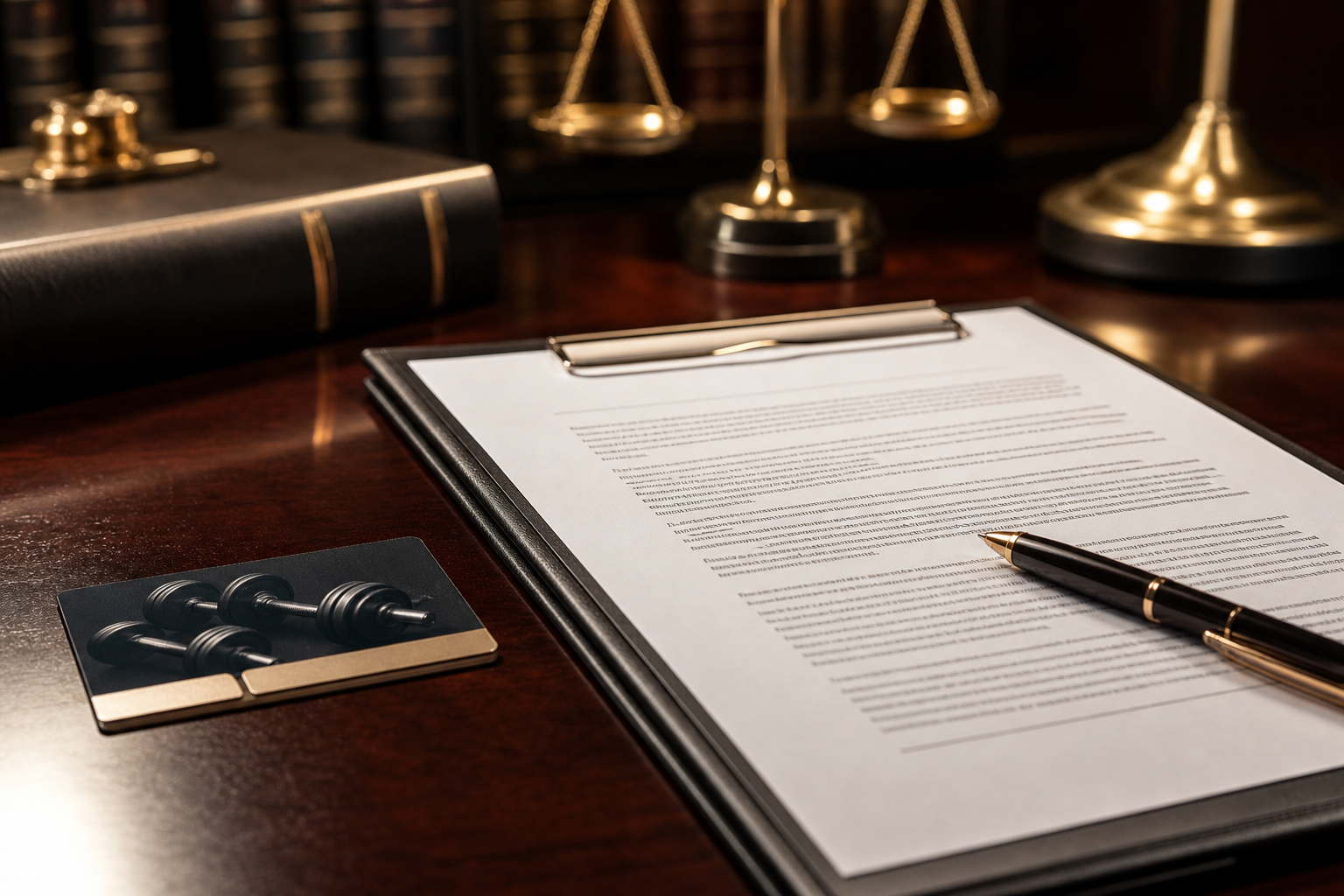 Legal documents and liability waiver on a desk representing gym injury claims and fitness center negligence in Las Vegas Nevada