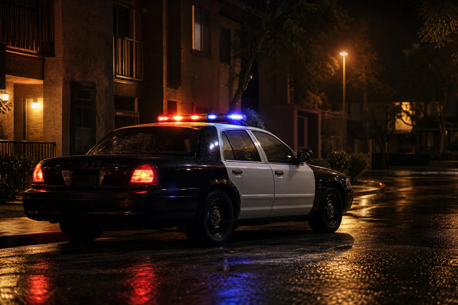 Vehículo patrulla del Departamento de Policía Metropolitana de Las Vegas respondiendo de noche, que ilustra cómo los cargos por novatadas en Las Vegas típicamente comienzan con un reporte policial de un padre, hospital, o escuela