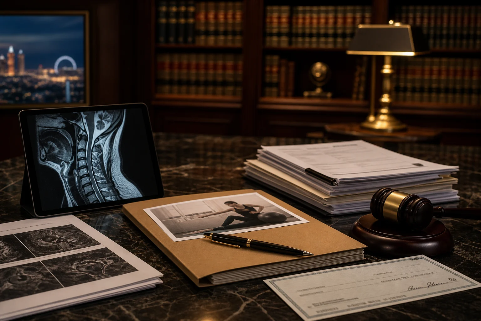 Registros médicos y evidencia de resonancia magnética de columna para reclamo por hernia de disco en oficina legal de Las Vegas