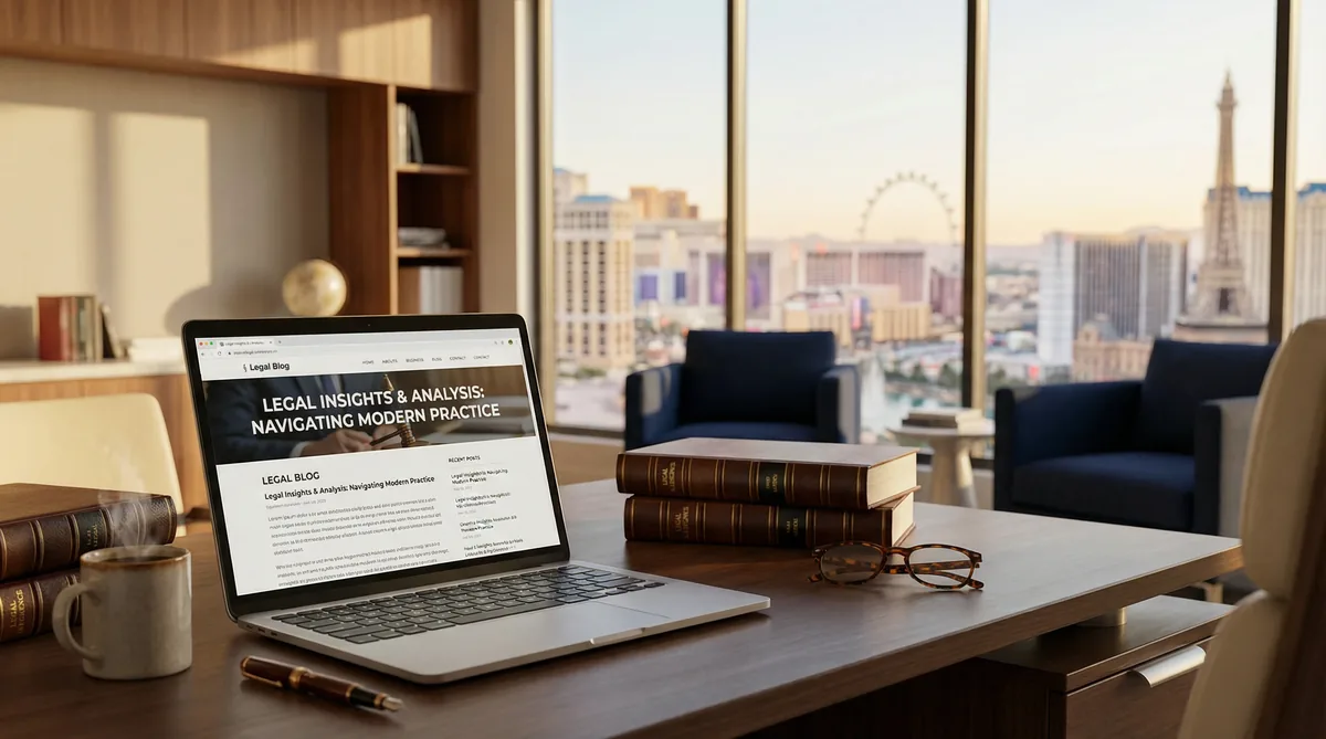 Modern Las Vegas law office with legal blog on laptop, law books, and city skyline view - Thomas Boley Attorney