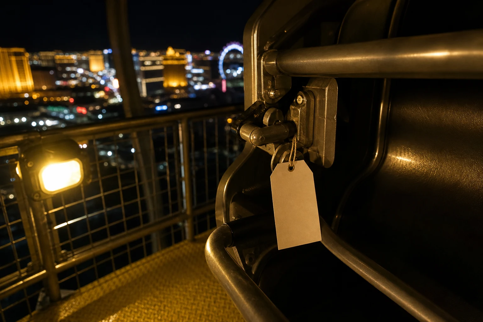 Blank safety inspection tag on a Las Vegas High Roller observation wheel gondola restraint mechanism at night, central to High Roller accident claims in Las Vegas