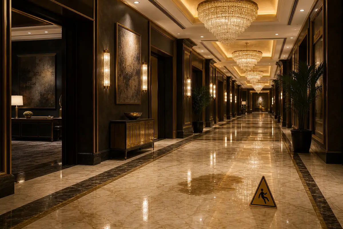 Elegant Las Vegas hotel corridor with marble floors illustrating premises liability hazard zones in resort properties