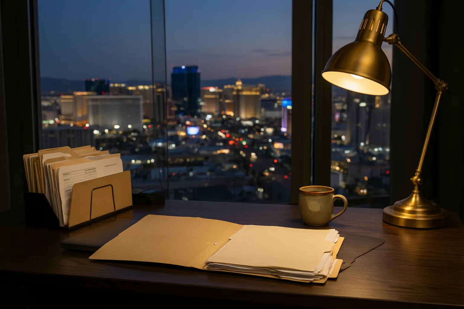 How to file a car accident claim in Nevada: a claim folder and desk lamp at dusk