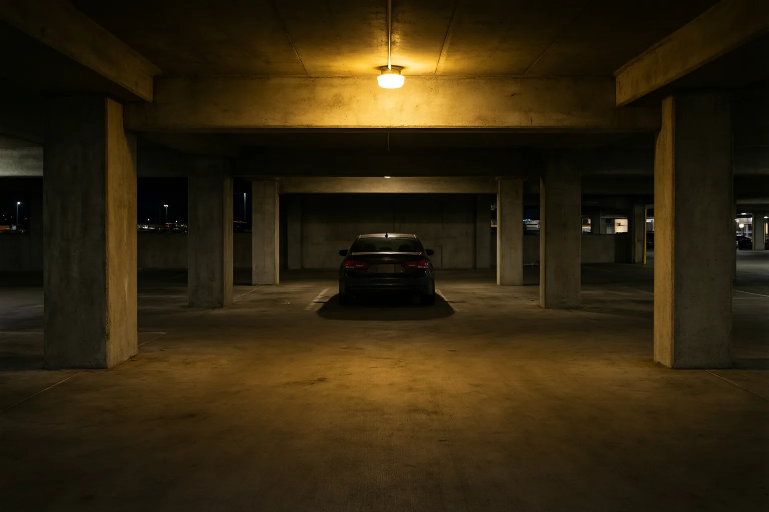 A parked sedan under a gold light in a Las Vegas parking garage at night
