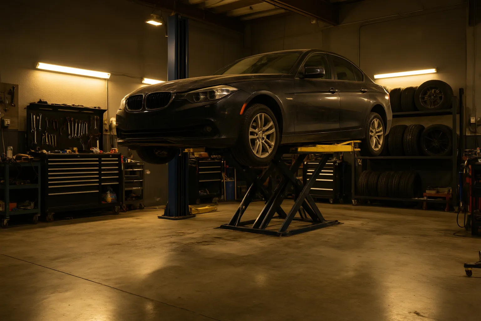 A sedan raised on a lift in a Las Vegas auto body shop at night