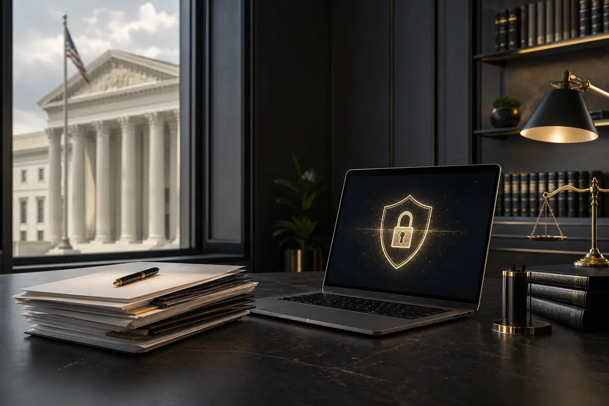Legal documents and digital security concept representing identity theft defense in Las Vegas Nevada