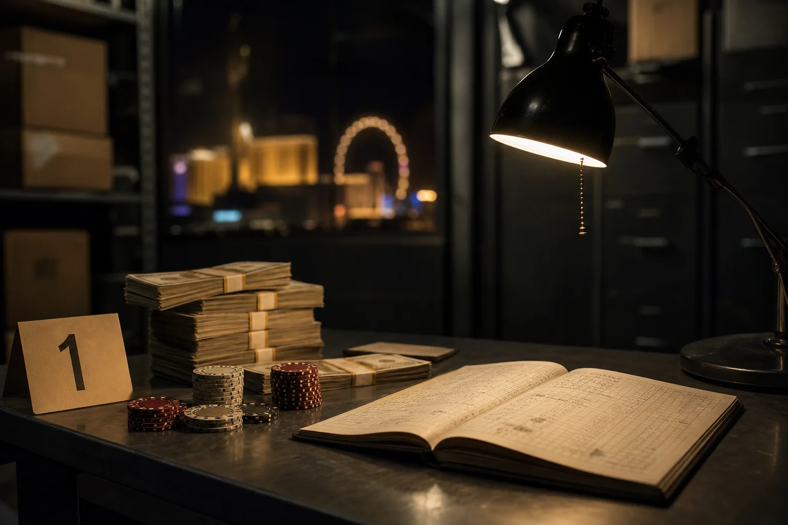 Seized cash, poker chips, and a handwritten betting ledger on an evidence table with a numbered placard, illustrating the evidence behind illegal gambling charges in Las Vegas