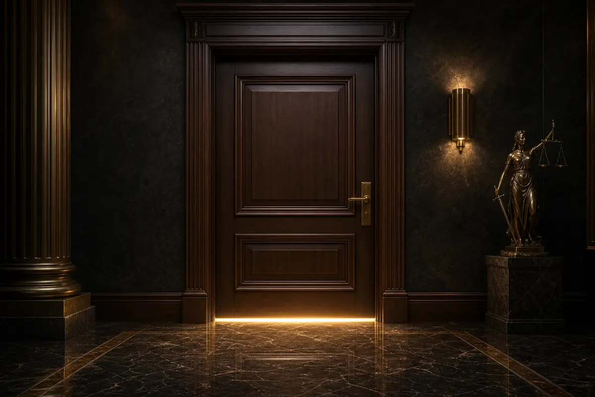 Courtroom door and hallway symbolizing constitutional privacy protections in Las Vegas criminal defense