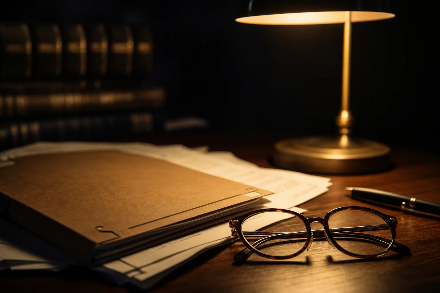 Case file, reading glasses, and desk lamp on an attorney's desk at night, illustrating the paperwork behind an indecent exposure charges Las Vegas defense and sex offender registration review