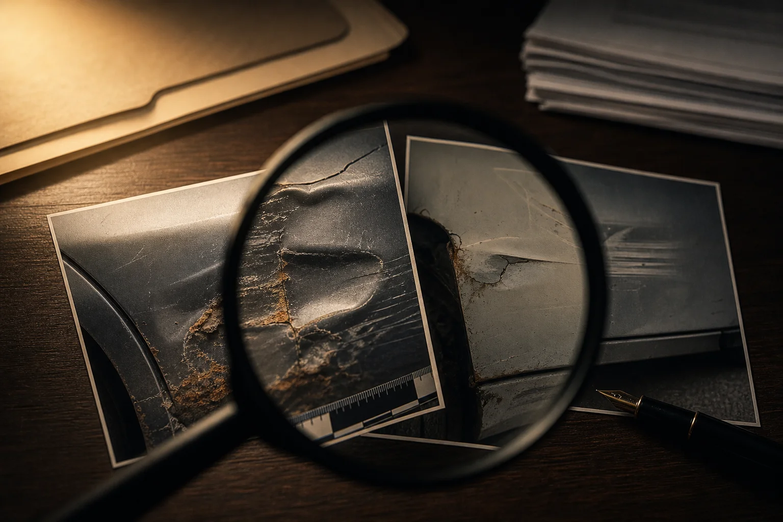 Investigator's magnifying loupe comparing two vehicle damage photographs during an insurance fraud investigation in Las Vegas