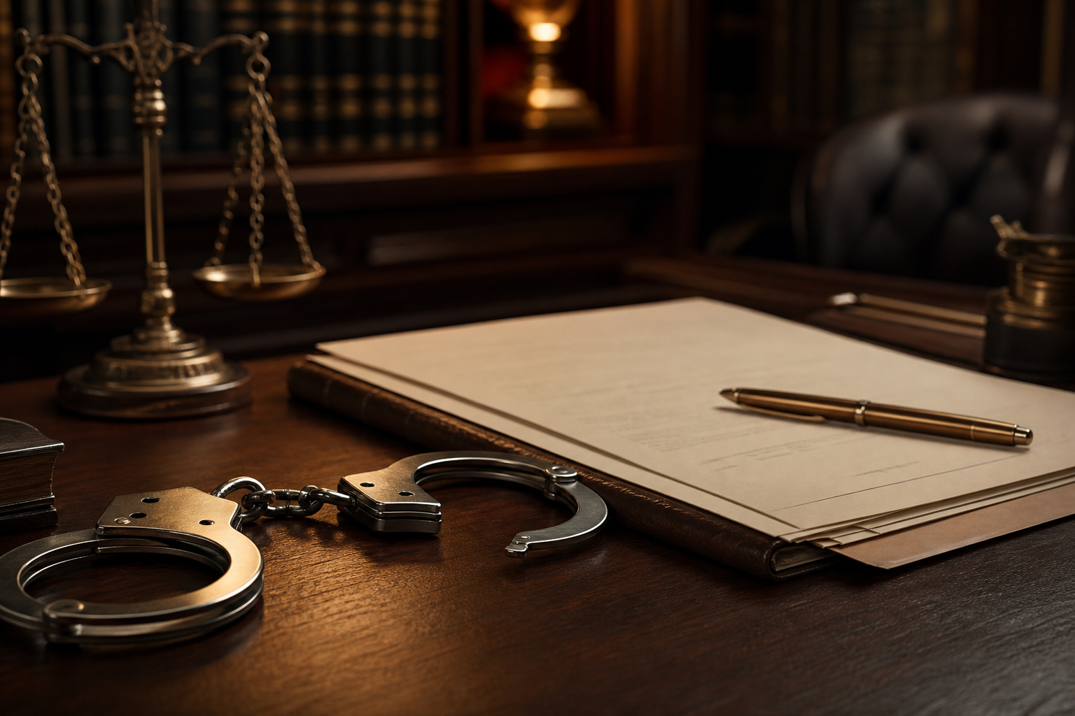 Documentos legales de defensa penal y esposas en escritorio de oficina legal representando cargos de secuestro y encarcelamiento falso en Las Vegas
