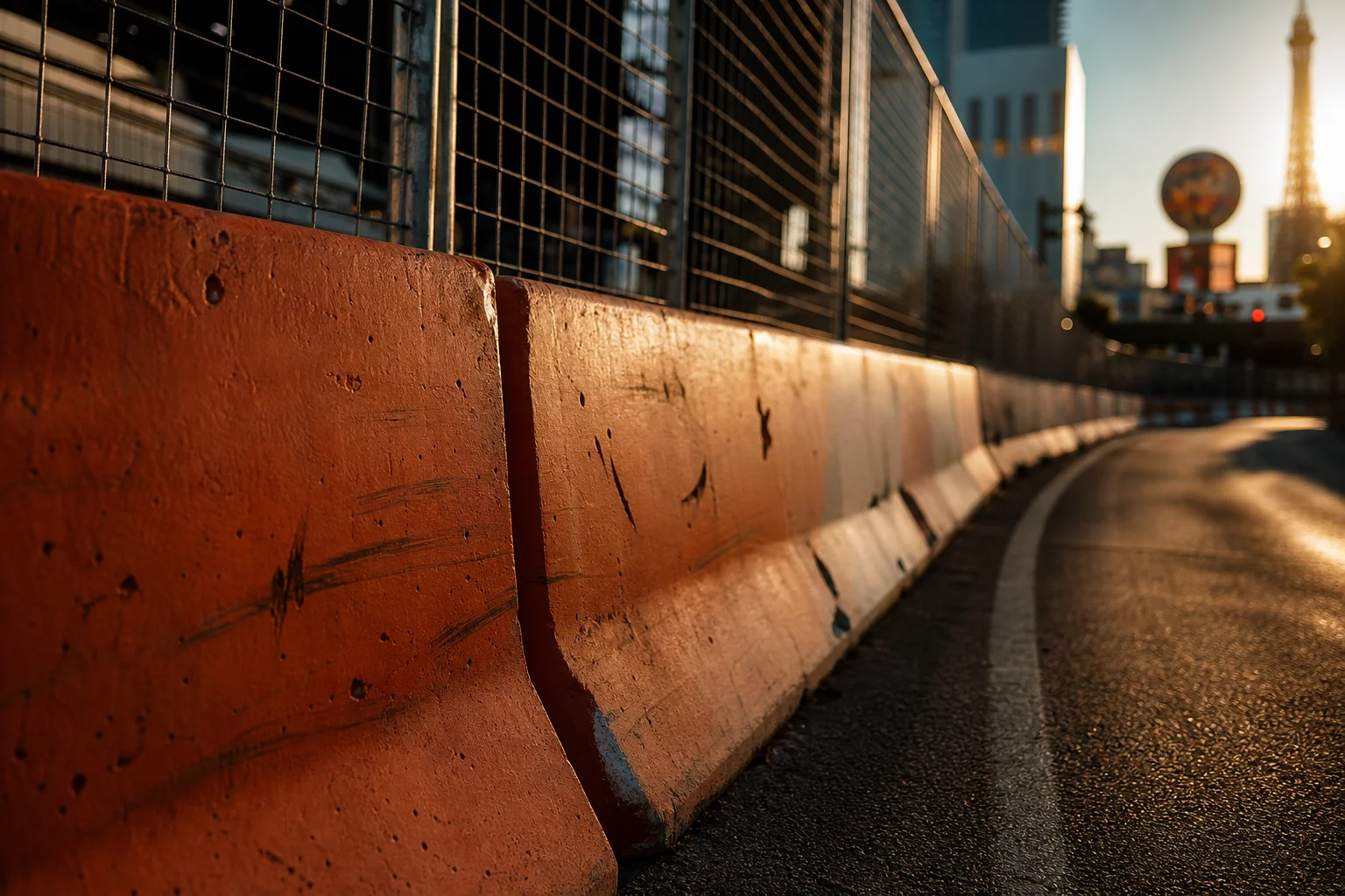 Damaged temporary safety barrier and catch-fencing on a closed Las Vegas street at dusk, illustrating the infrastructure failures behind many Las Vegas Grand Prix accident claims
