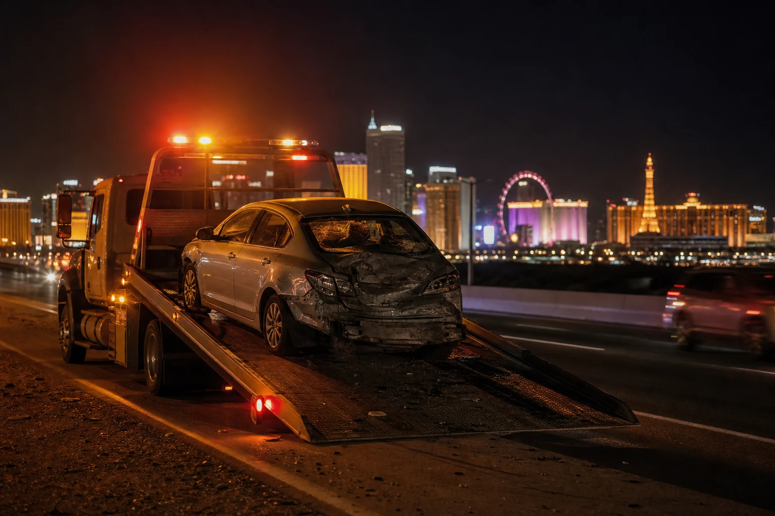 Sedán dañado cargado en una grúa de plataforma en una carretera de Las Vegas de noche con el horizonte del Strip al fondo, ilustrando un caso de accidente al doblar a la izquierda en Las Vegas