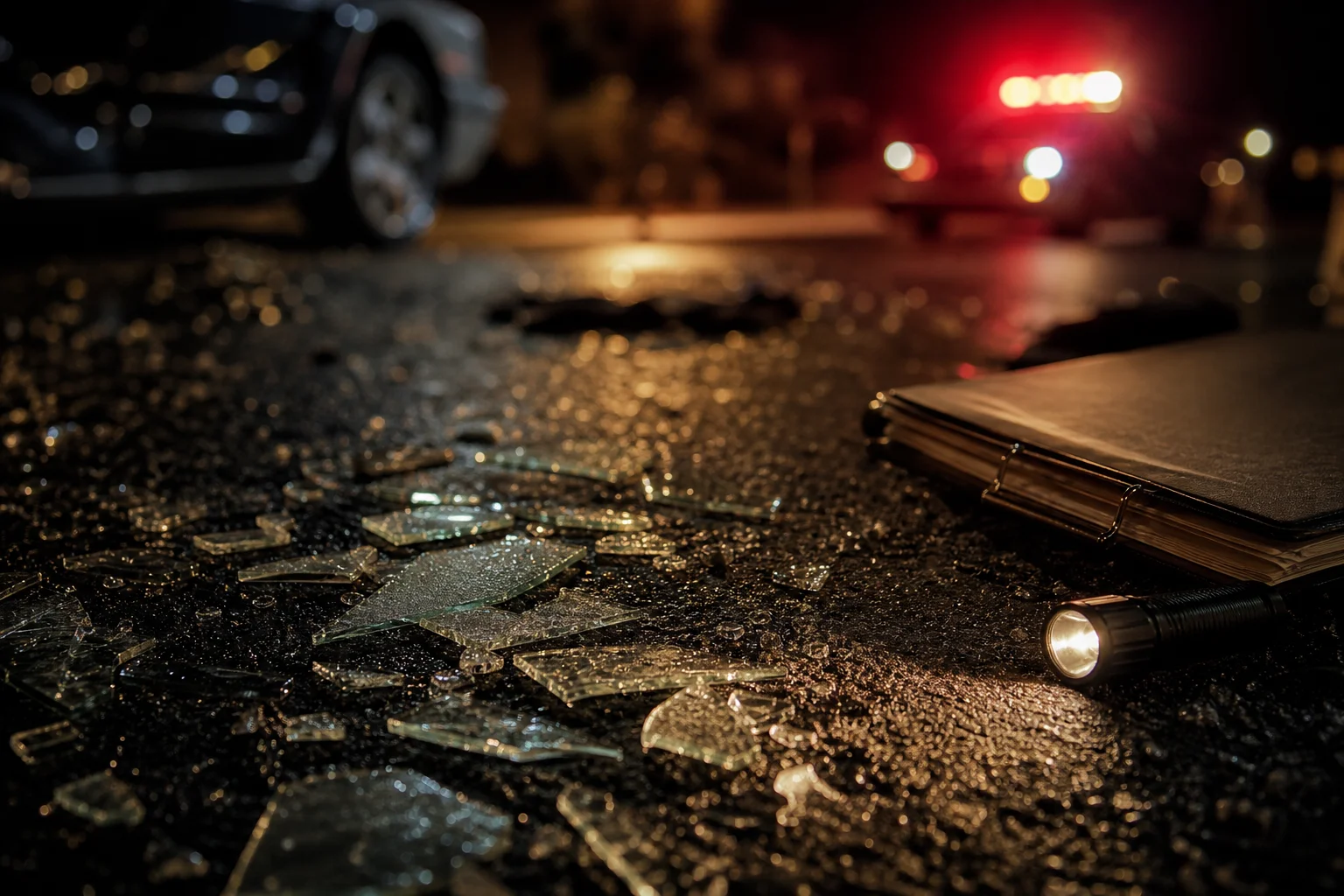 Vidrio roto y reporte policial documentando evidencia en un caso de accidentes de limusina y autobús de fiesta en Las Vegas de noche