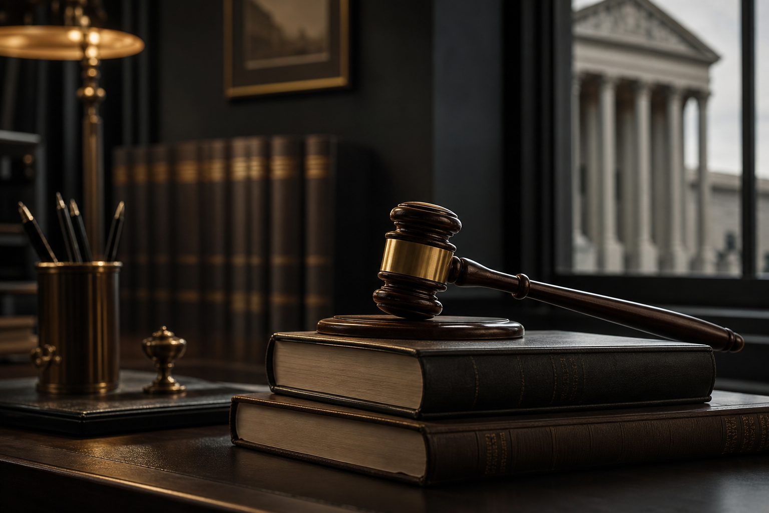 Mazo y libros de leyes representando la defensa de homicidio involuntario en Nevada en un tribunal de Las Vegas